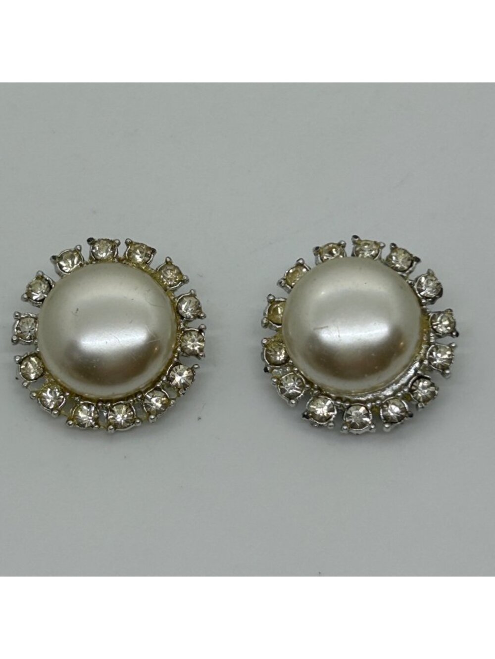 Faux Pearl Earrings Rhinestone Button Silver Tone Clip-On Wedding Bridal Vintage